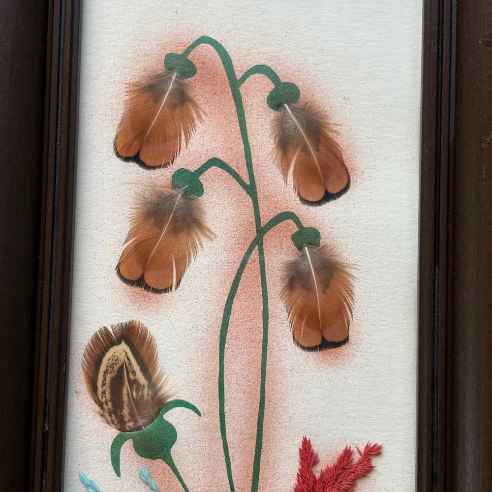 Vintage Ellen Kiefert Prairie Pictures Feather Art Floral Framed Set of 2 MCM